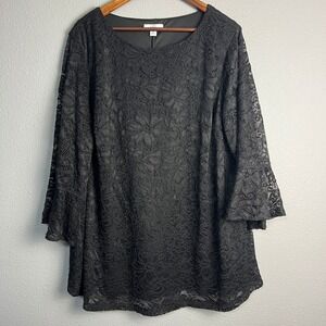 Croft & Barrow Lace Bell Sleeve Tunic Top Floral Black Whimsigoth Plus Size‎ 2X